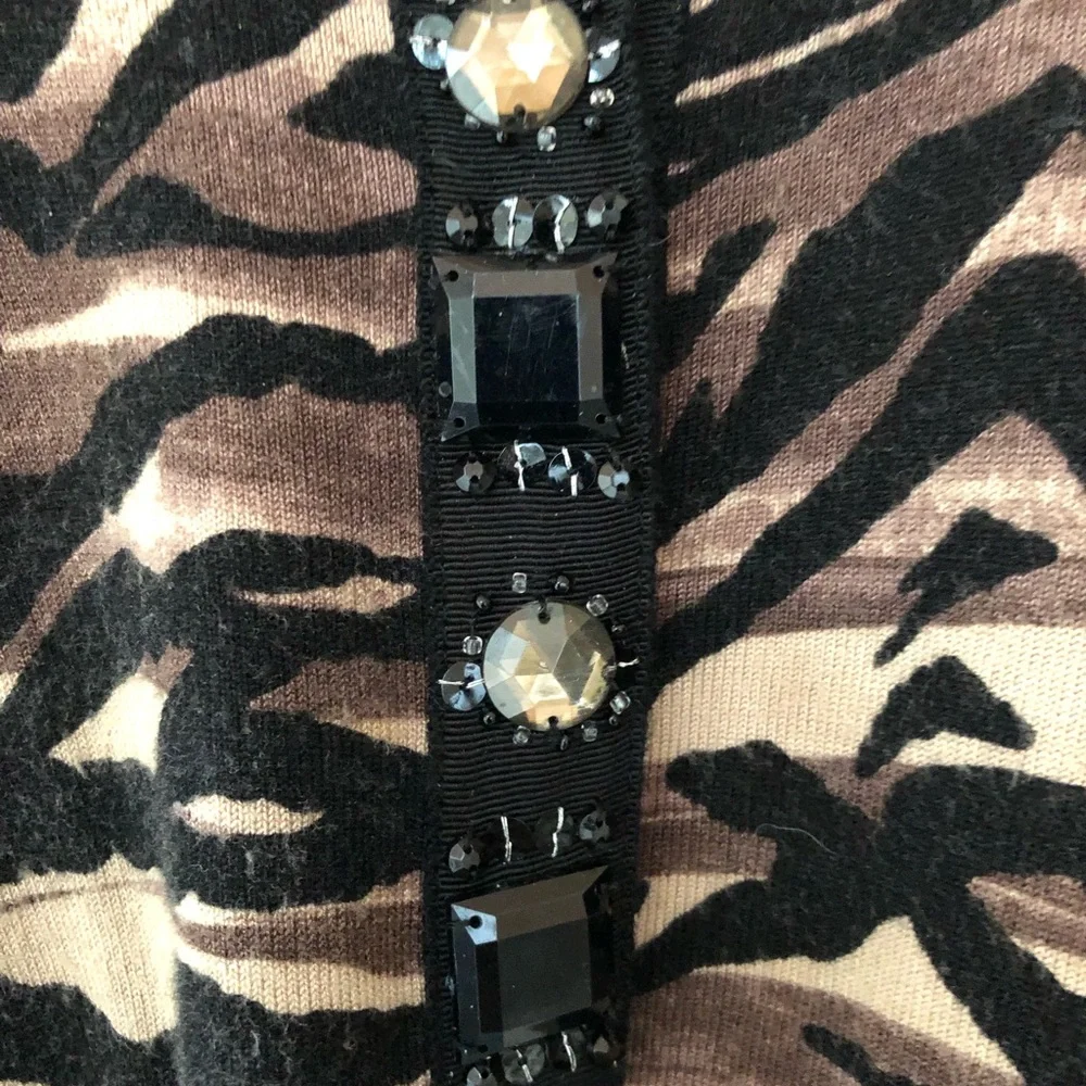 Animal print sweater in black, brown, & tan adorned with beads & rhinest… - Picture 2 of 12